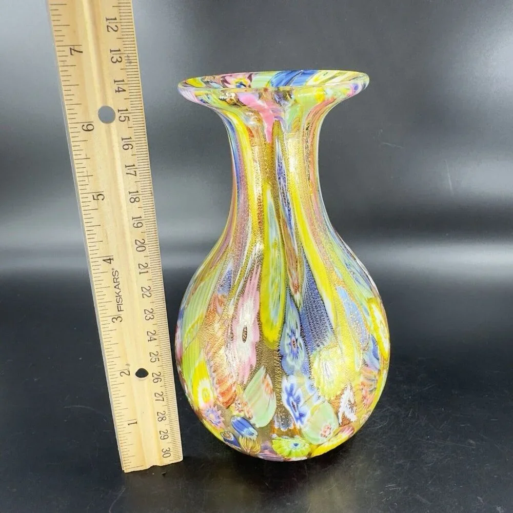 Murano Italian Glass Vase Gold Flecks Aventurine Large Multicolor Millefiori VTG